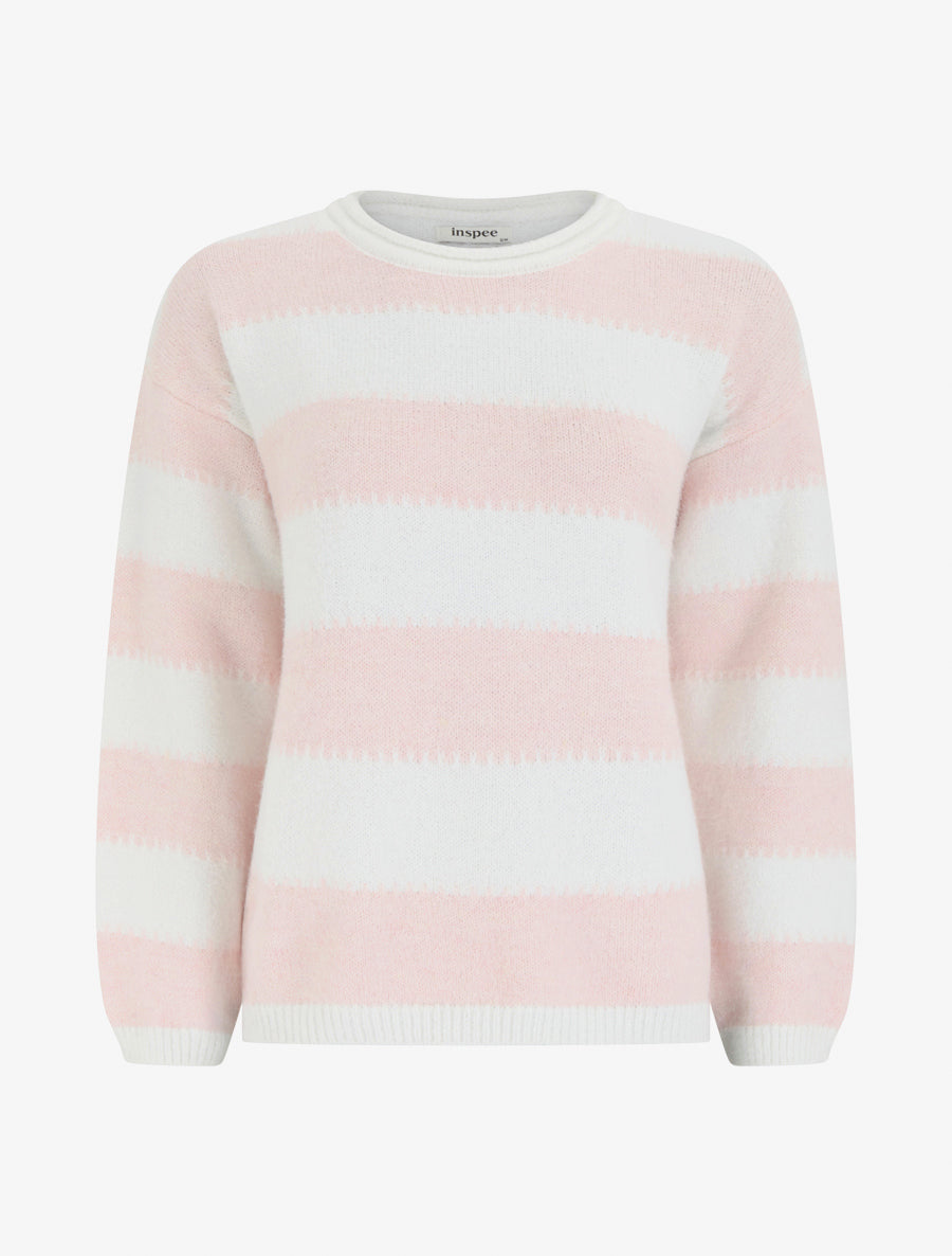 Pull droit à col rond et rayures stylisées - Rose - 1