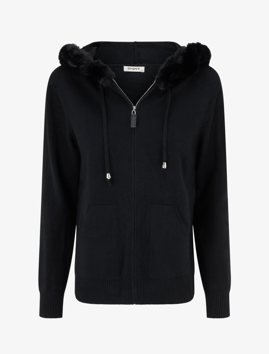 Sweat fin à capuche à fourrure et zip - Noir - 1