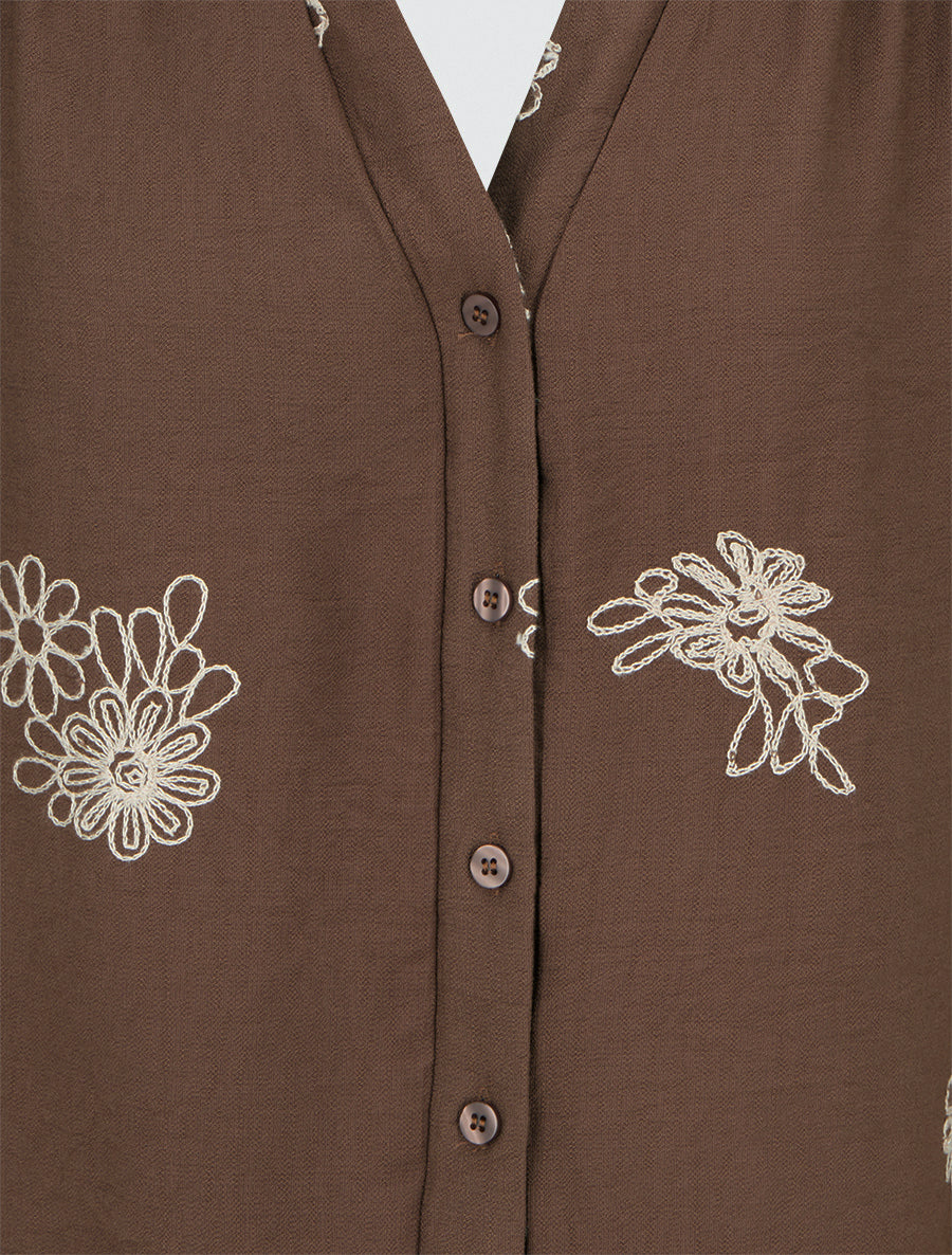 Blouse fluide à broderies florales - Marron - 3