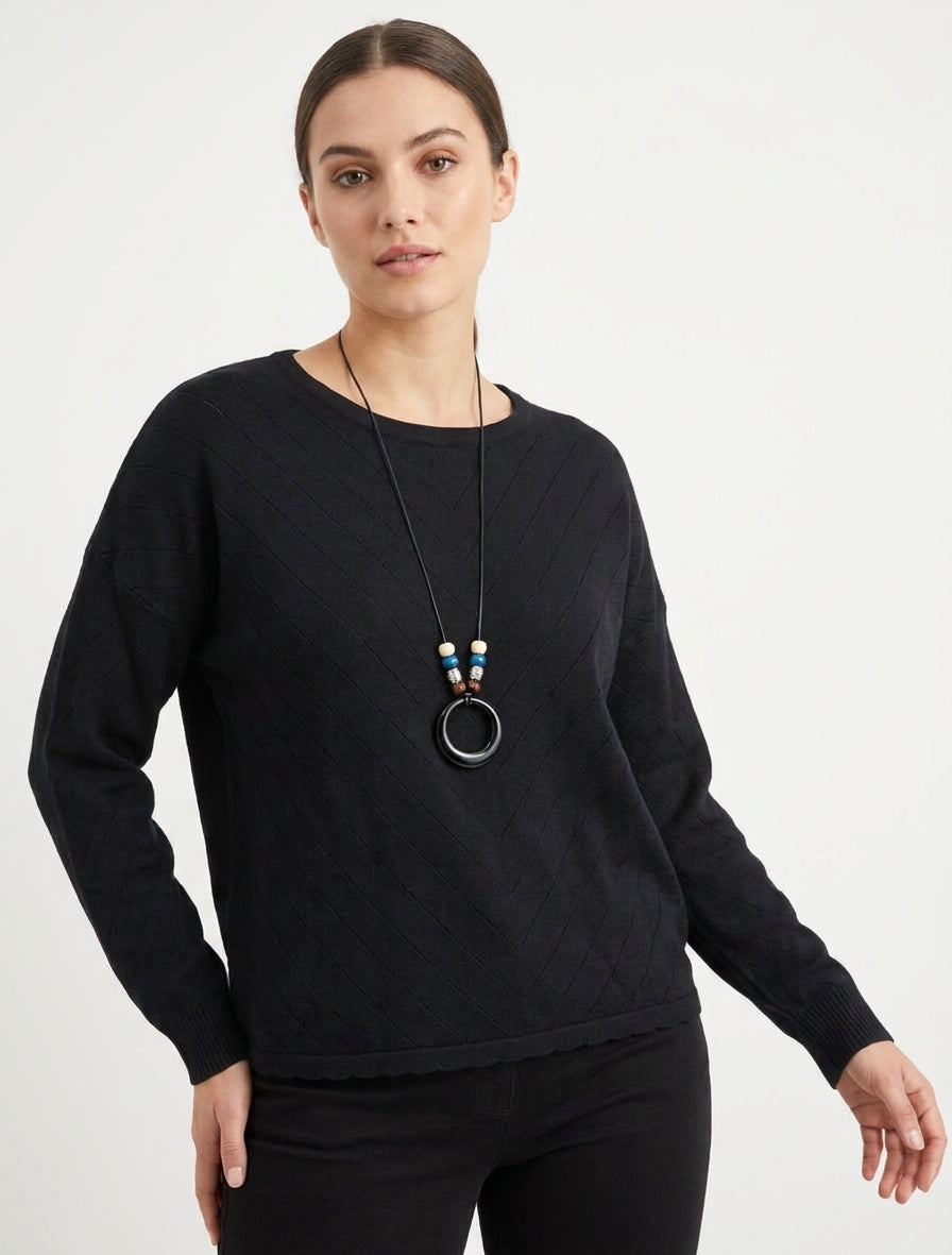 Maglione dritto in maglia stilizzata con collo rotondo - Nero