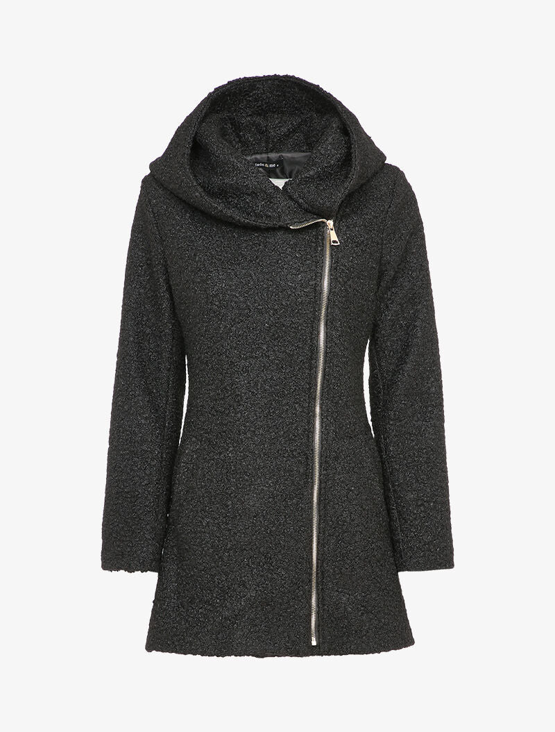 Manteau à capuche et zip effet laine bouclée - Noir - 1