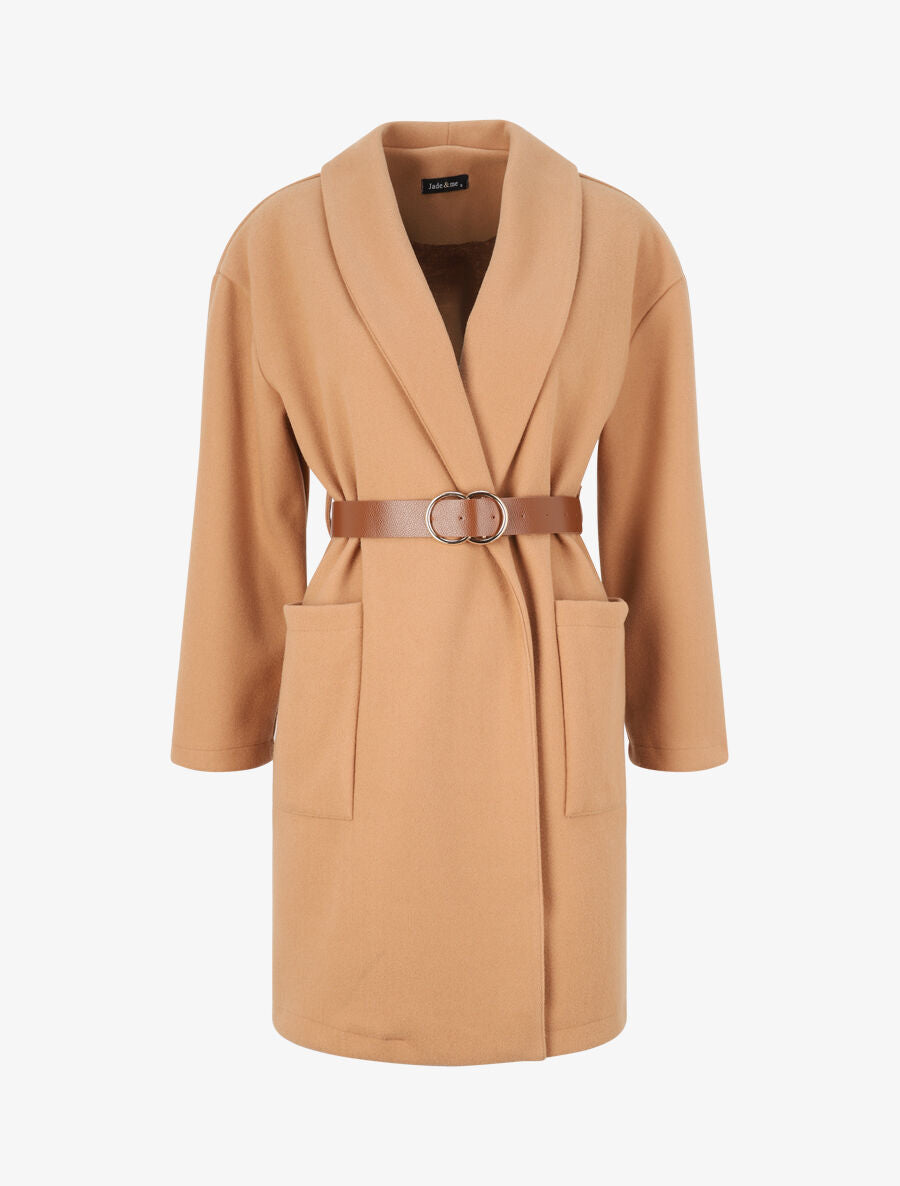 Manteau mi-long à col châle et ceinture - Camel - 1