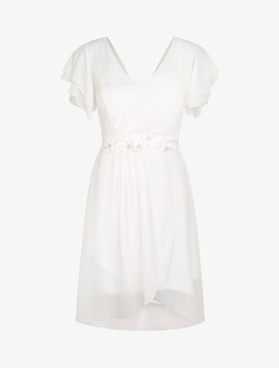 Robe à manches volantées et détail fleurs et strass - Blanc - 1