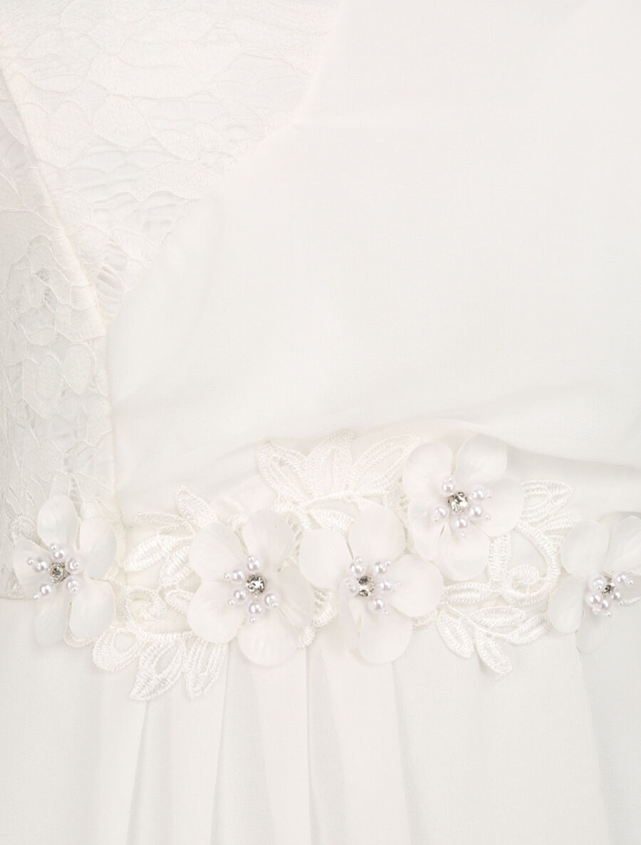 Robe à manches volantées et détail fleurs et strass - Blanc - 3