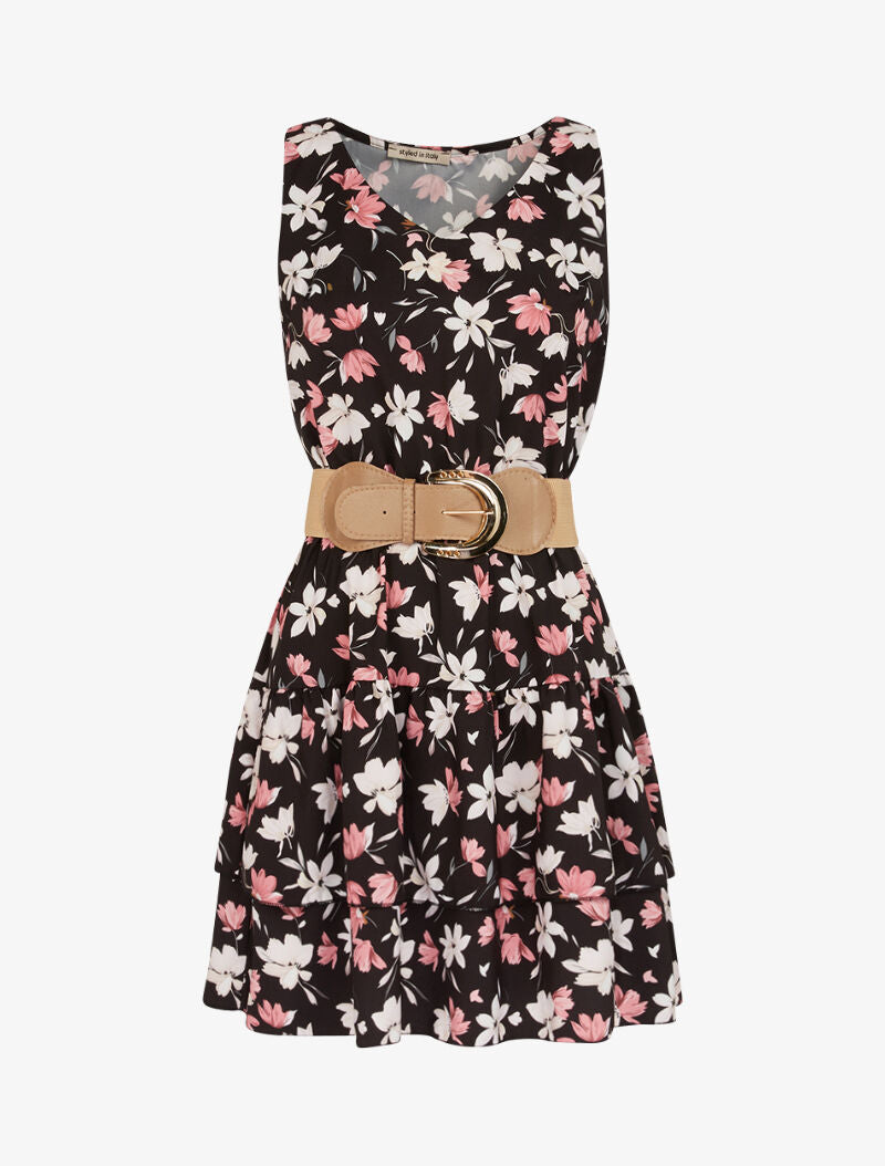 Robe fleurie à volants - Noir - 1