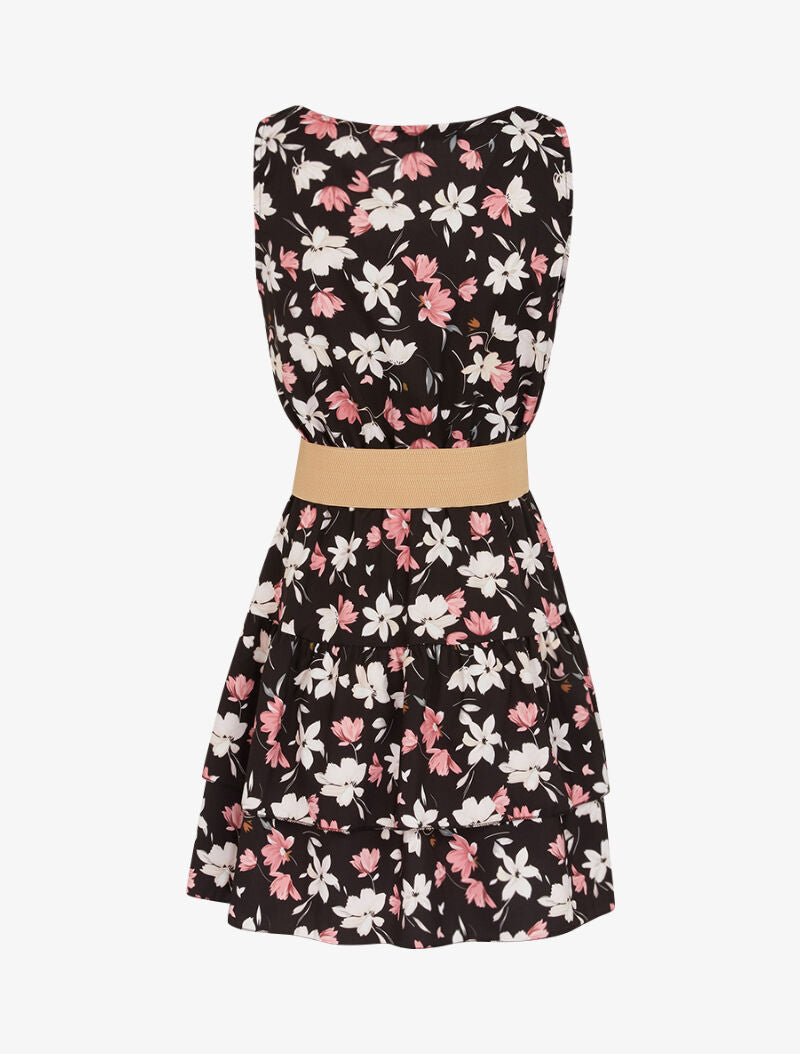 Robe fleurie à volants - Noir - 2
