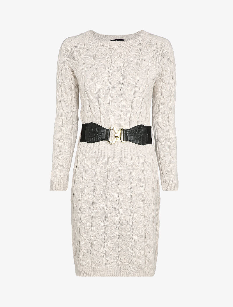 Robe pull en maille torsadée et taille côtelée - Écru - 1