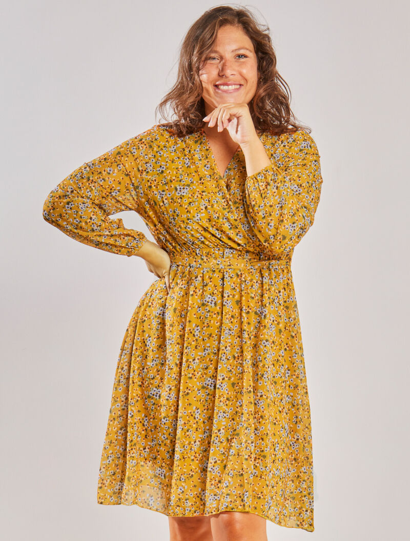 Robe patineuse à imprimé petites fleurs des champs - Moutarde - 4