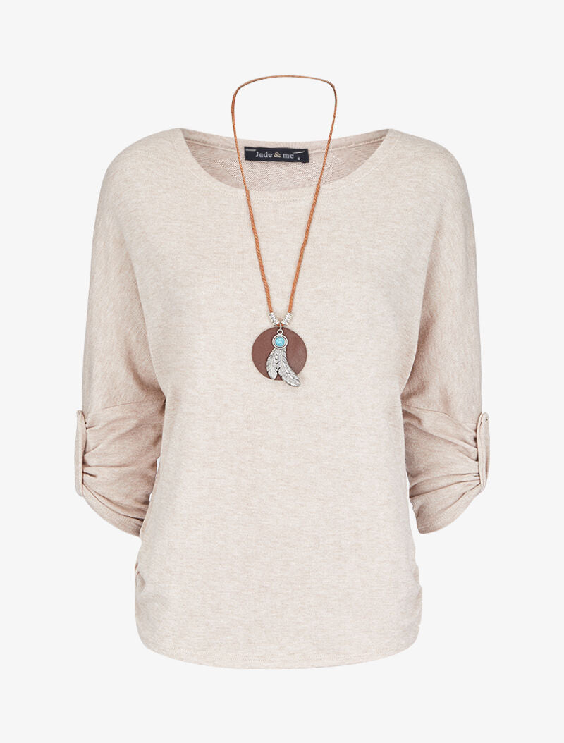 Pull à manches chauve-souris rabattables - Beige - 4