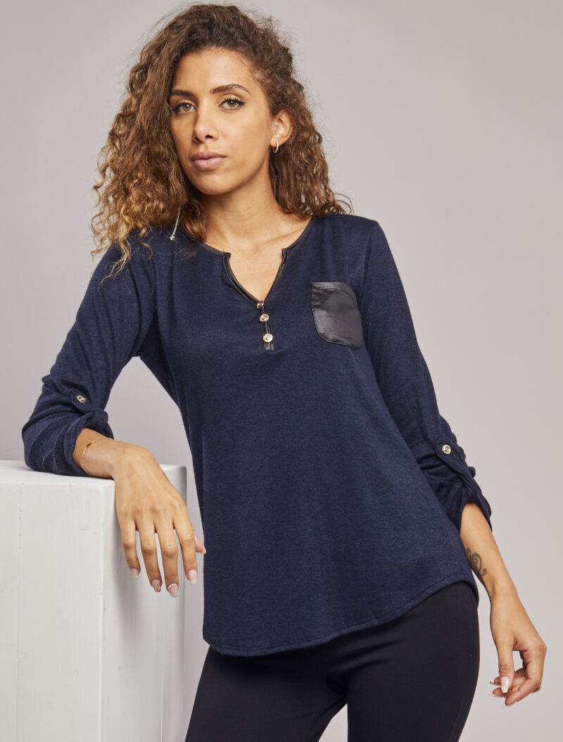 Pull à col tunisien et manches rabattables - Marine - 4