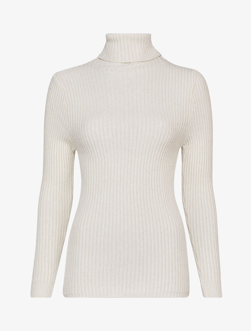 Pull côtelé moulant à col roulé - Écru - 1