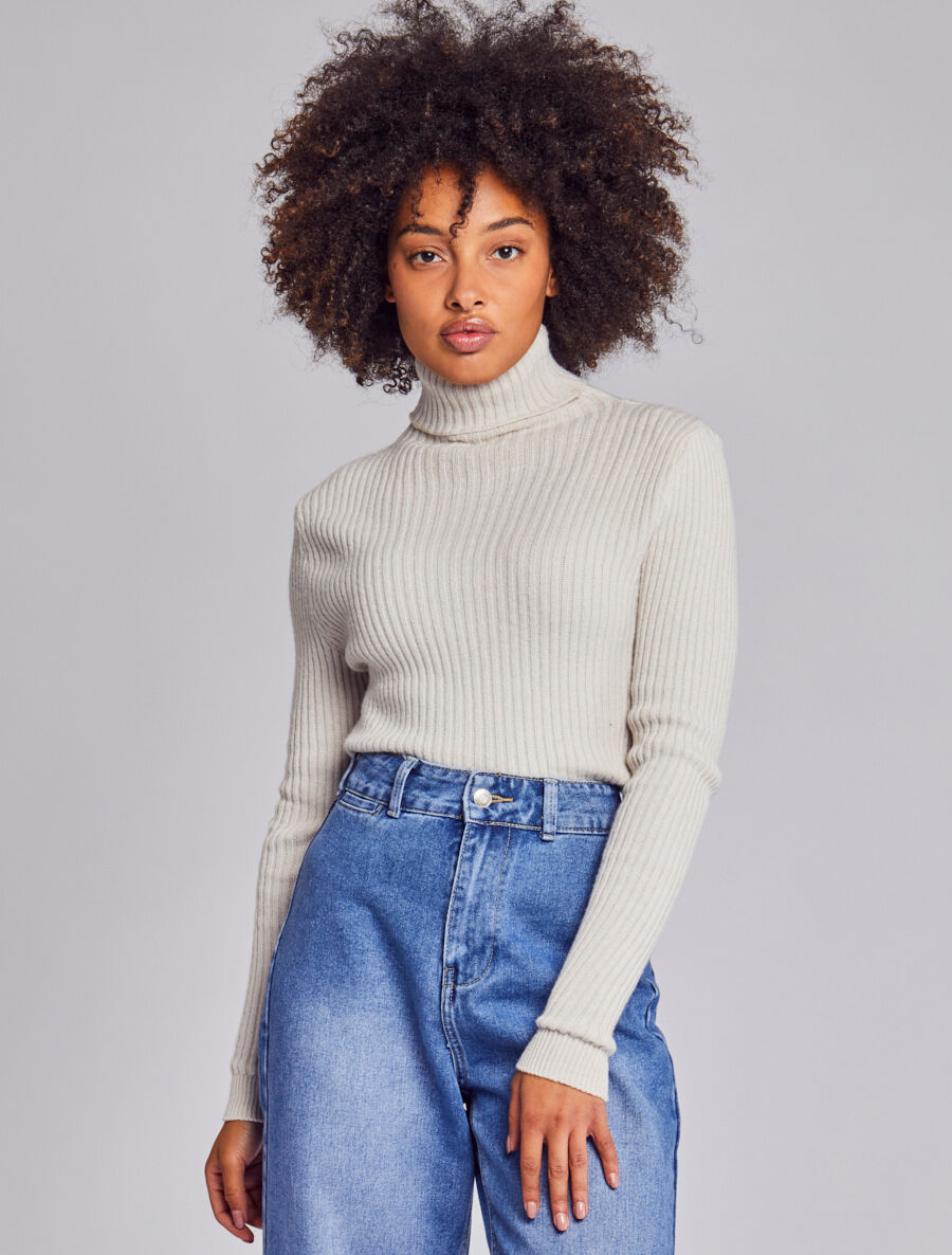 Pull côtelé moulant à col roulé - Écru - 4