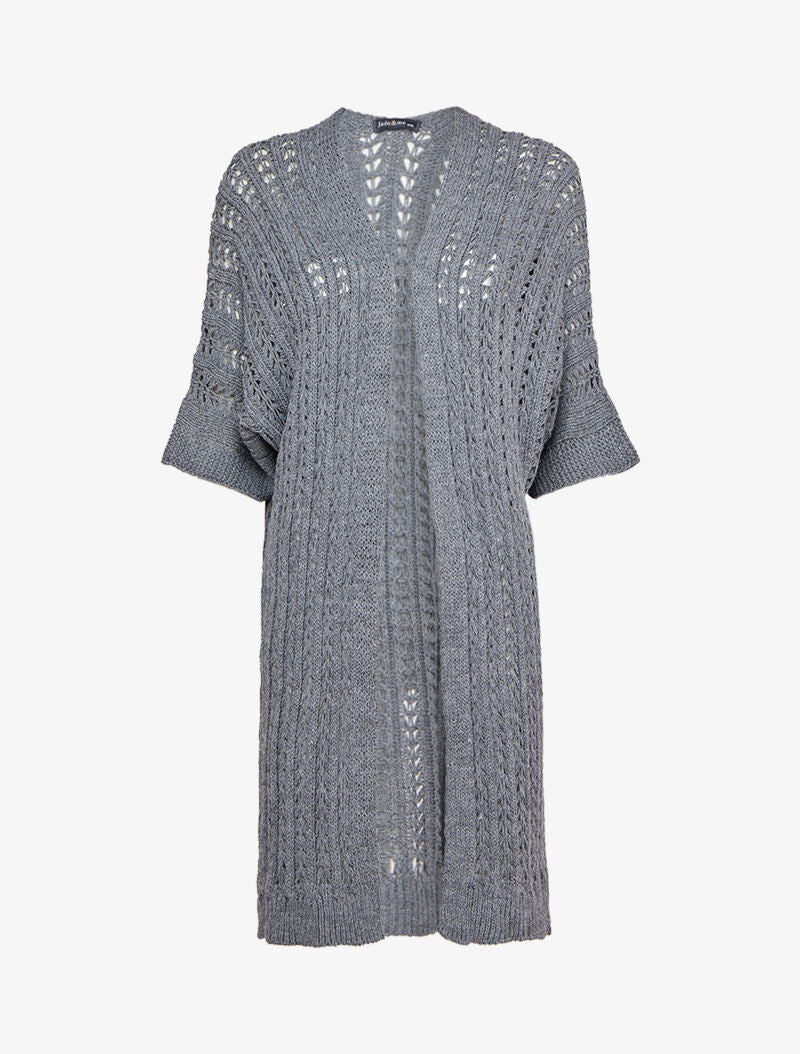 Gilet mi-long en maille ajourée à manches courtes style kimono - Gris foncé - 4