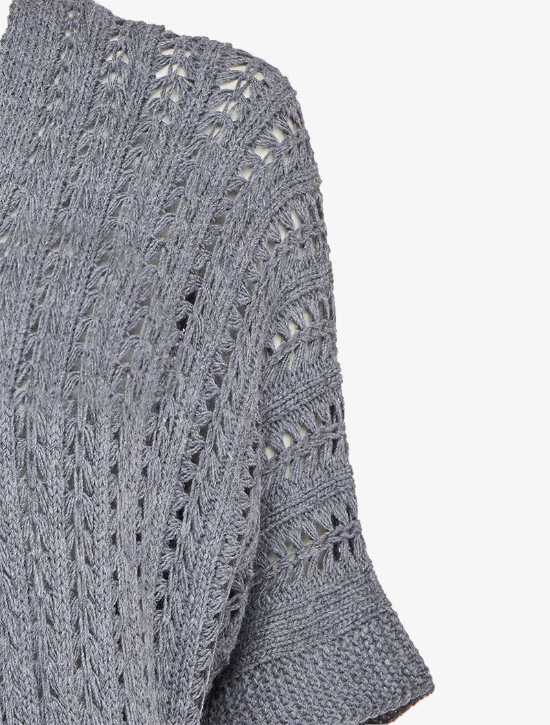 Gilet mi-long en maille ajourée à manches courtes style kimono - Gris foncé - 3