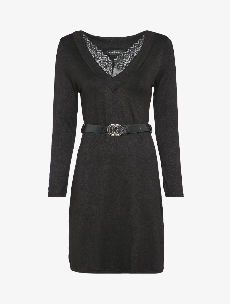 Robe pull à col V en dentelle - Noir - 1