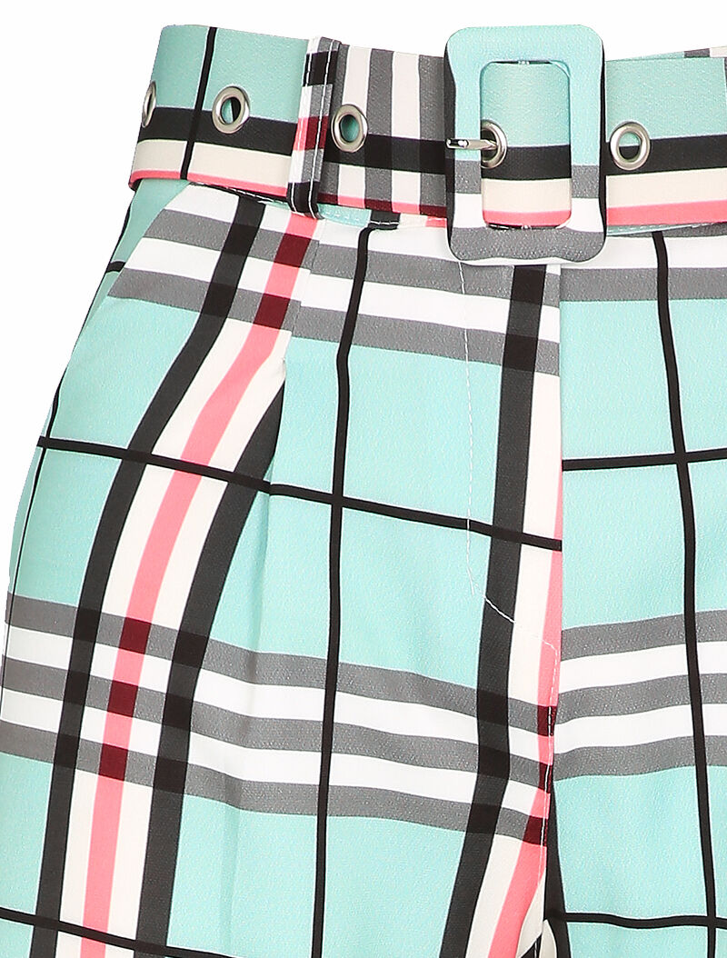 Short ceinturé imprimé tartan - Vert d&