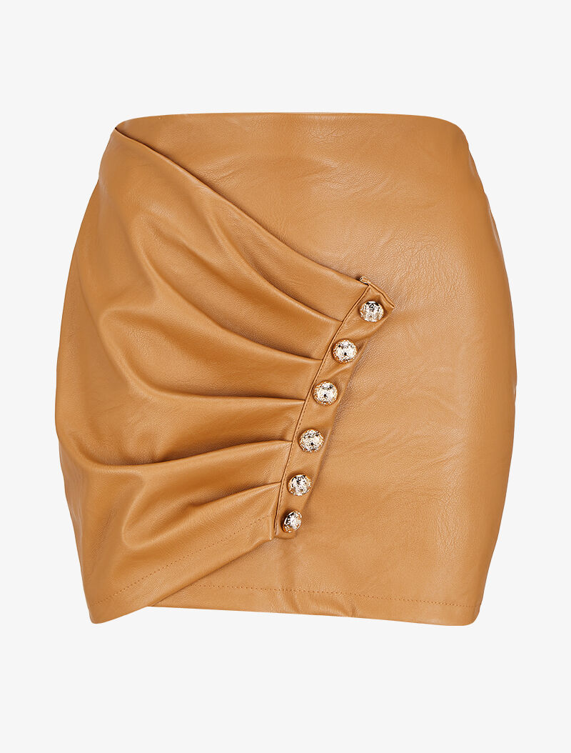Mini-jupe drapée et boutonnée en simili - Beige - 1