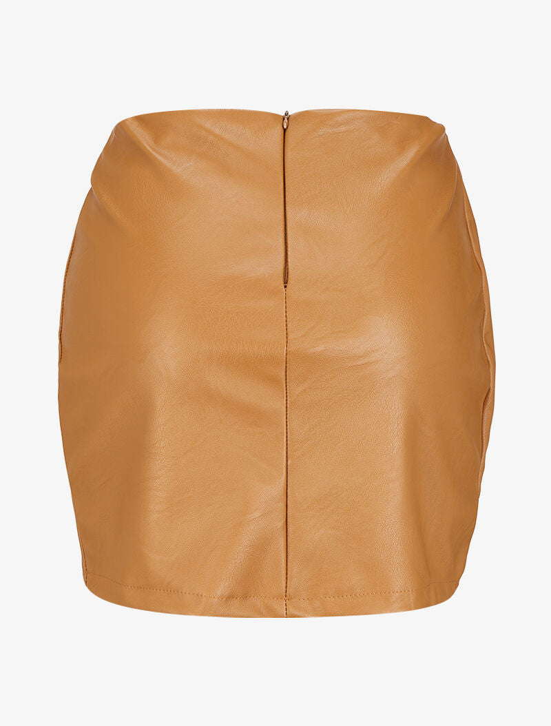 Mini-jupe drapée et boutonnée en simili - Beige - 2