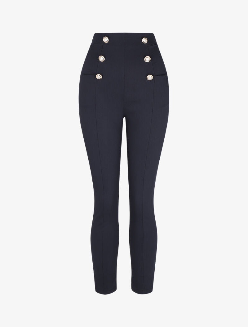 Pantalon empire à boutons décoratifs - Marine - 4
