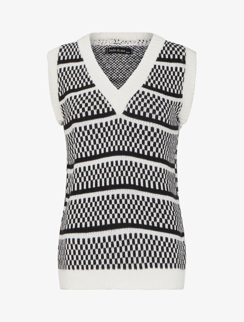 Pull sans manches à motifs damier - Blanc/noir - 1