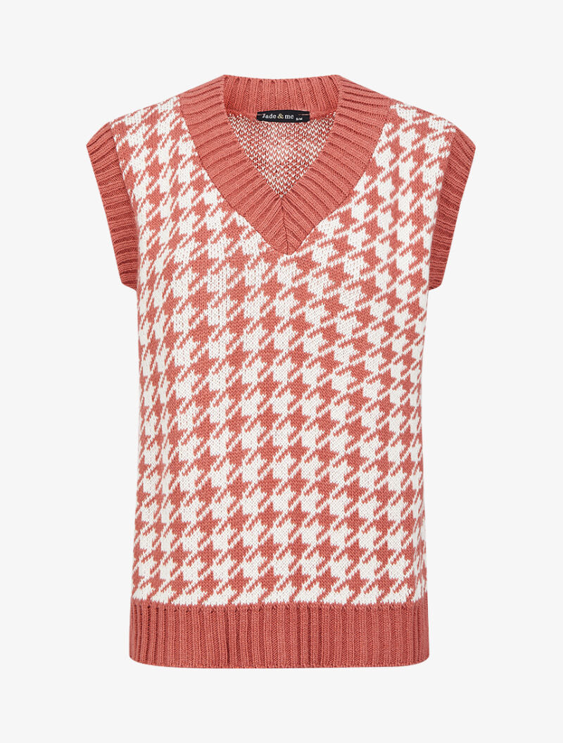 Pull sans manches à col V et imprimé pied de poule - Vieux rose - 1