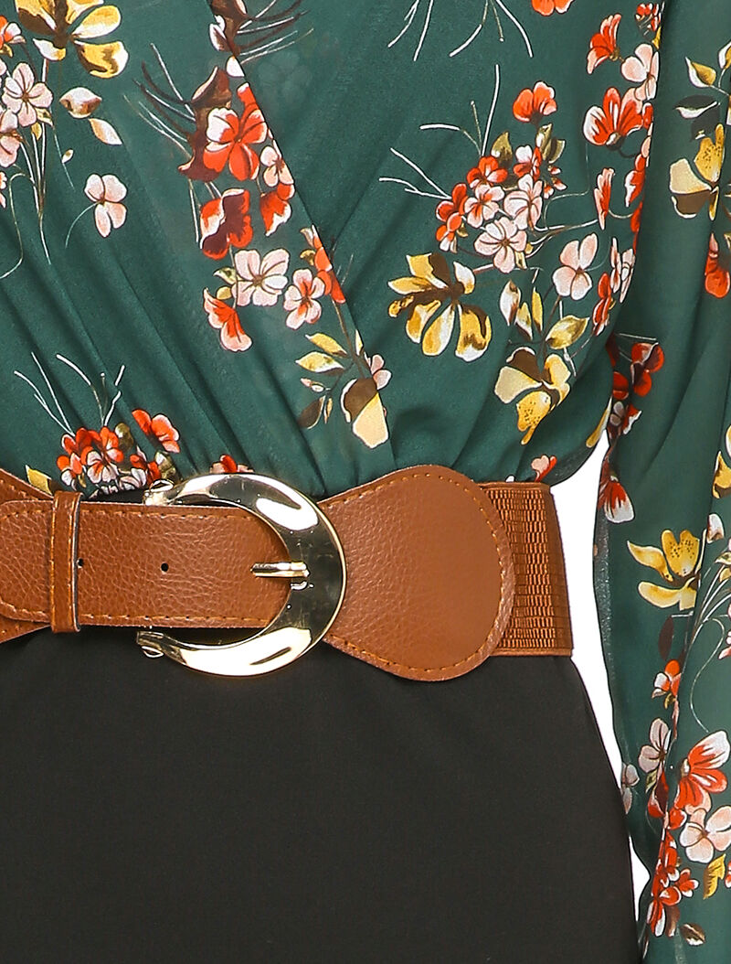 Robe cache-coeur bi-matière imprimé fleuri - Vert - 3