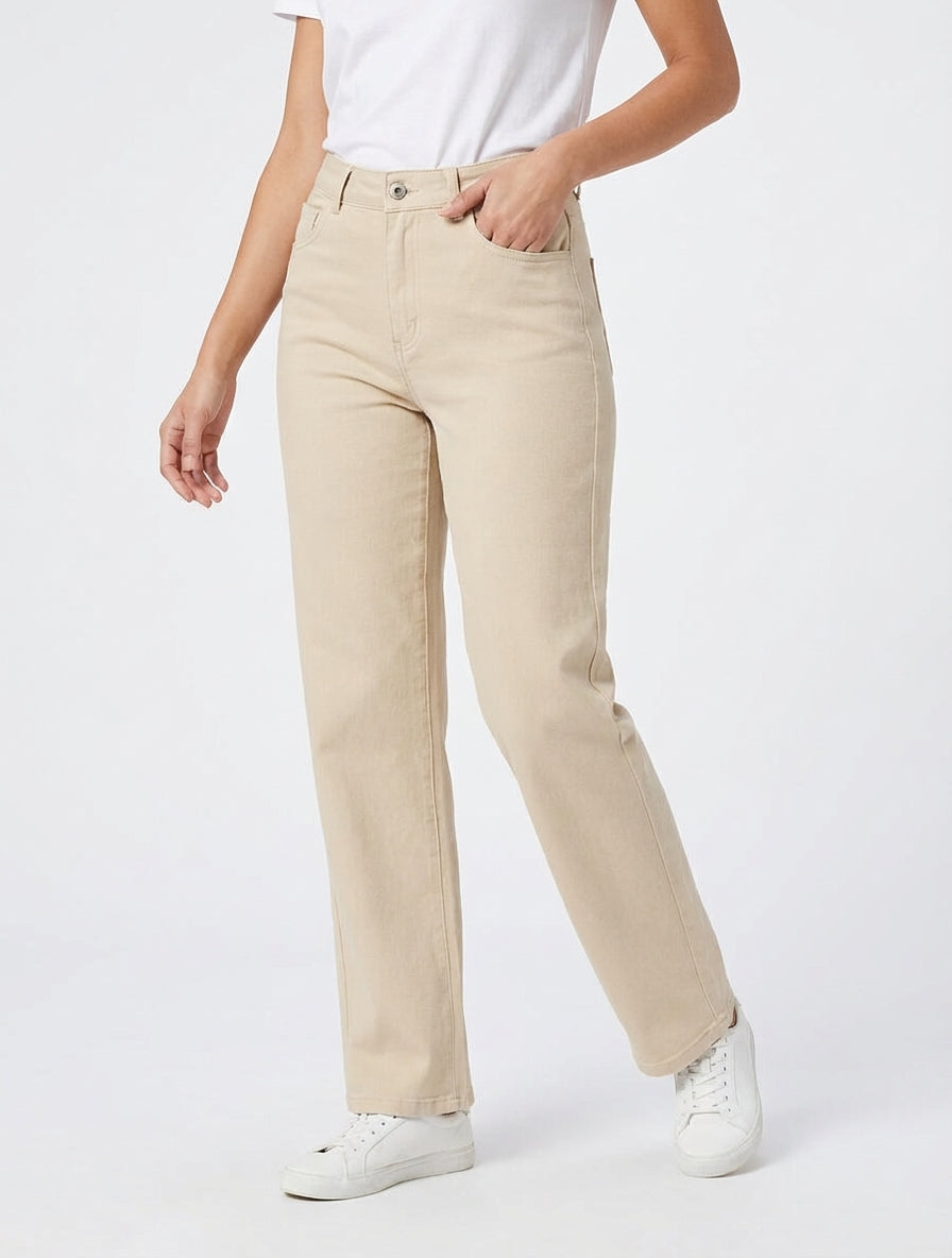 Jeans dritti a vita alta - Beige