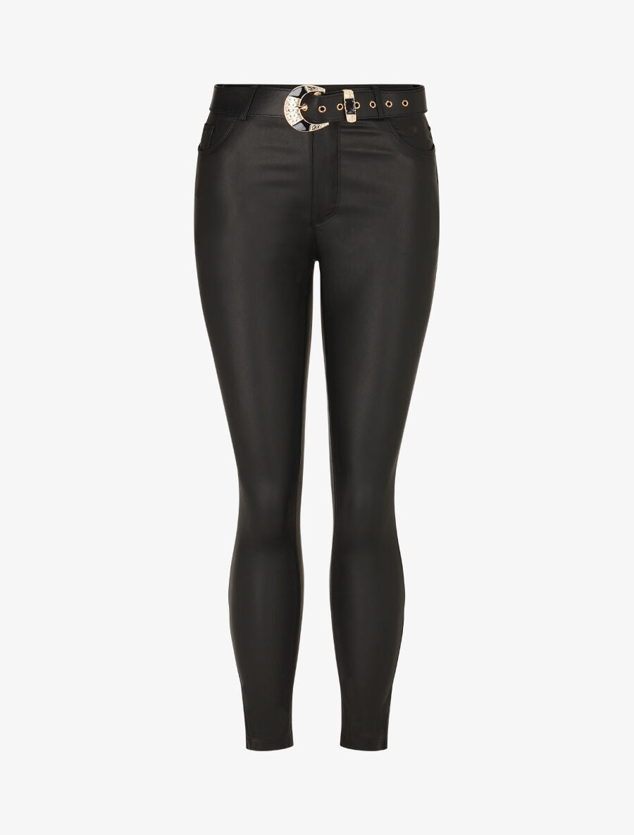 Pantalon uni en simili ceinturé - Noir - 5