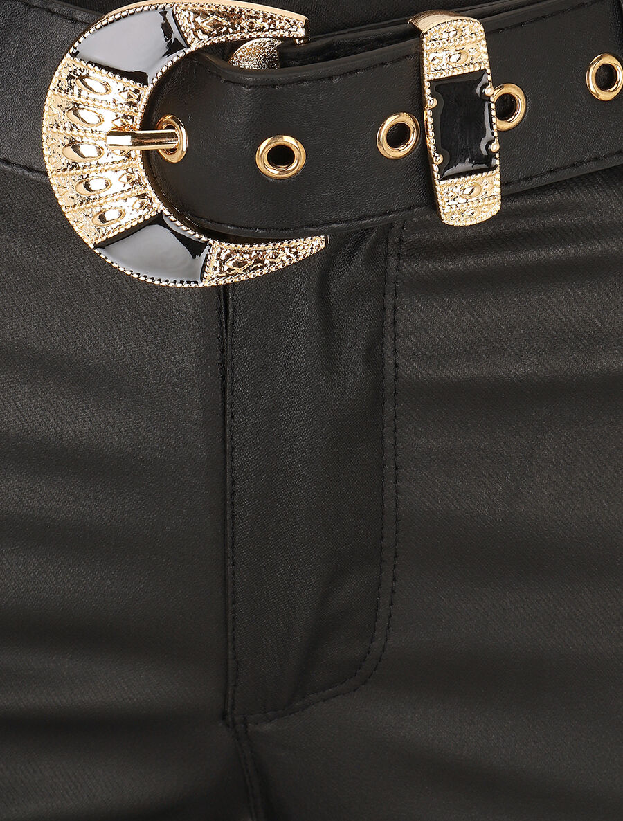 Pantalon uni en simili ceinturé - Noir - 3