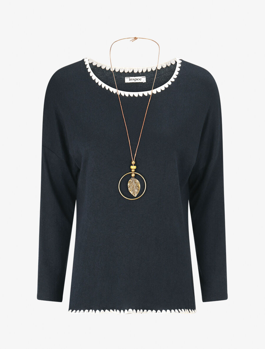 Pull fin uni à bords brodés - Marine - 1