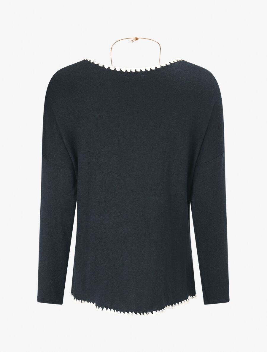 Pull fin uni à bords brodés - Marine - 2