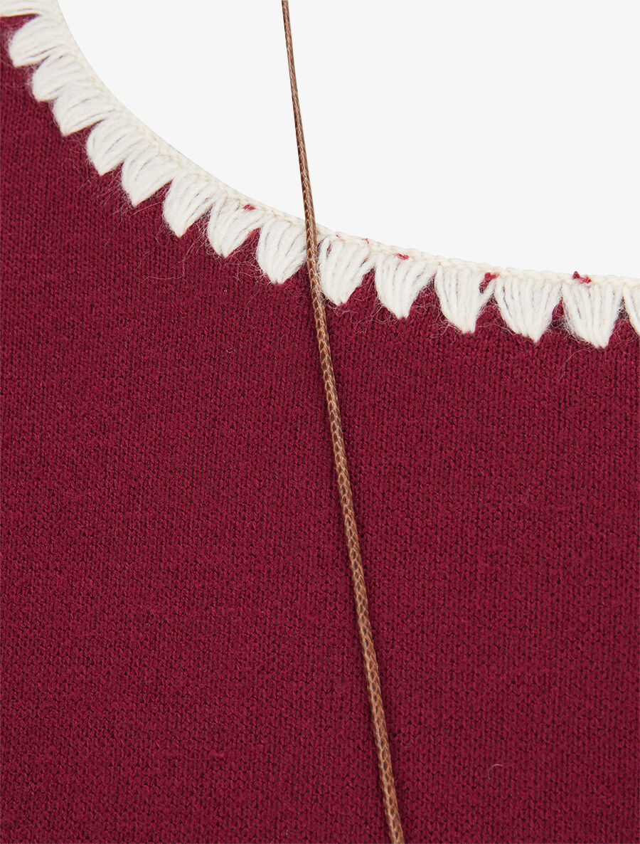 Pull fin uni à bords brodés - Lie de vin - 3