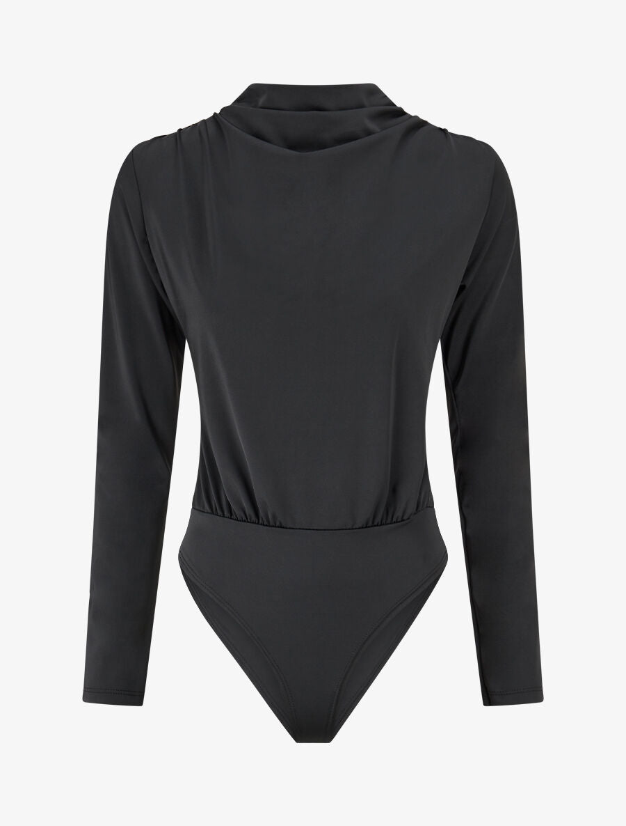 Body satiné col montant drapé - Noir - 1