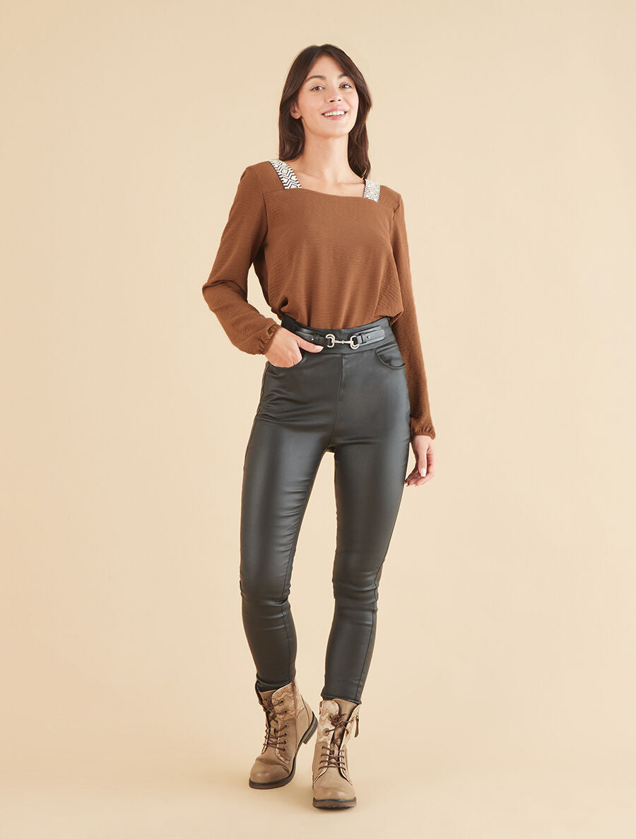 Top à col carré imprimé fantaisie - Taupe - 4