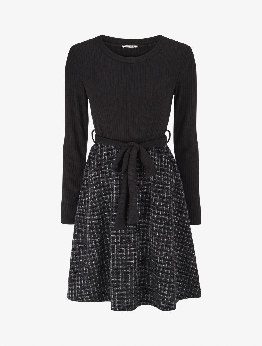 Robe bimatière à jupe imprimé carreaux - Noir - 1