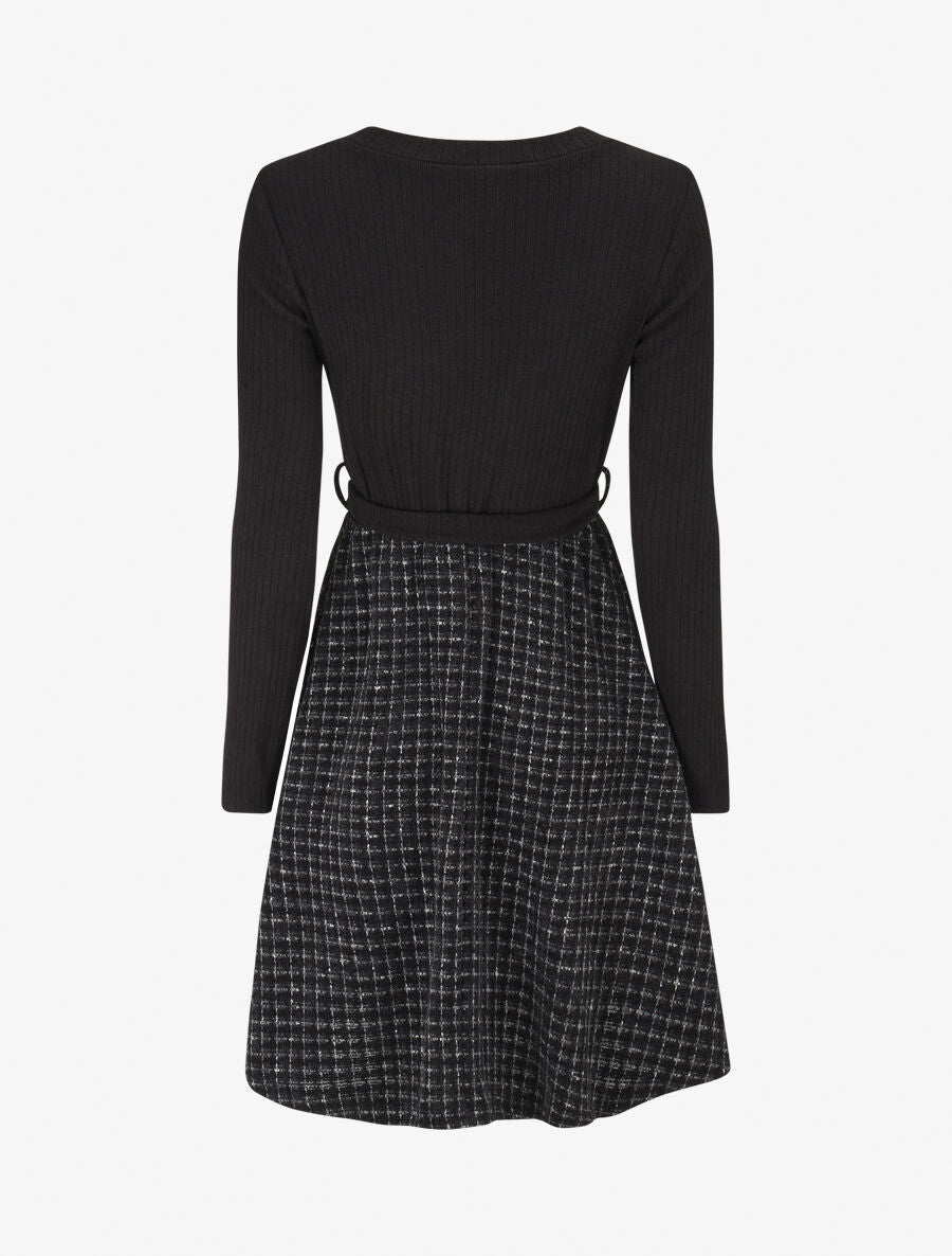 Robe bimatière à jupe imprimé carreaux - Noir - 2