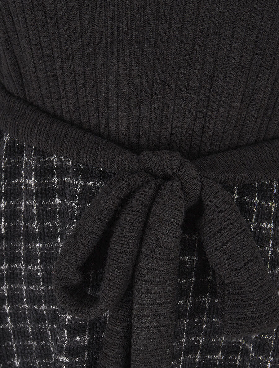 Robe bimatière à jupe imprimé carreaux - Noir - 3