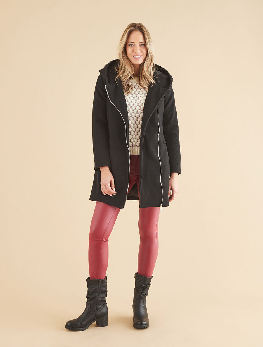 Manteau zippé à poches contrastantes en simili - Noir - 4