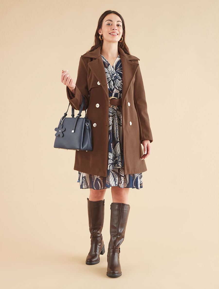 Manteau long à fermeture boutonnée dorée - Marron - 4
