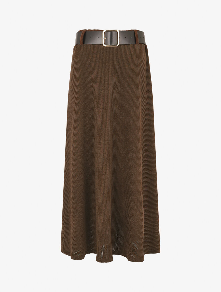 Jupe longue unie côtelée - Marron - 4