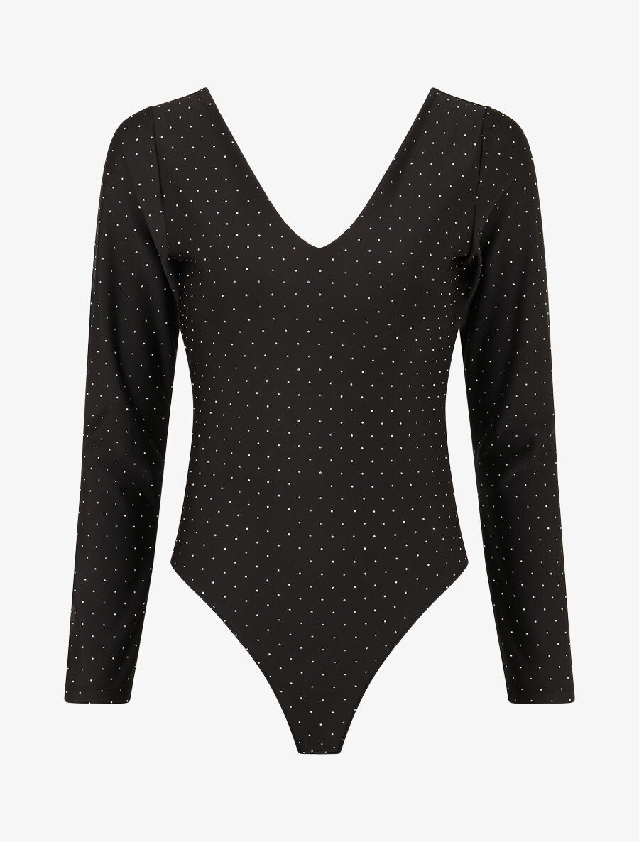 Body uni strassé à col V - Noir - 1