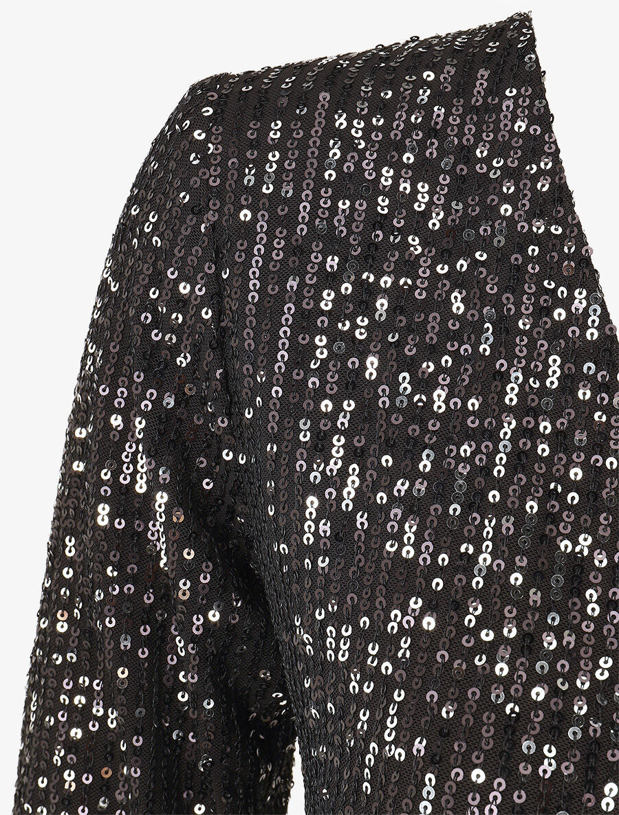 Robe bi-matière à buste orné de sequins - Noir - 3
