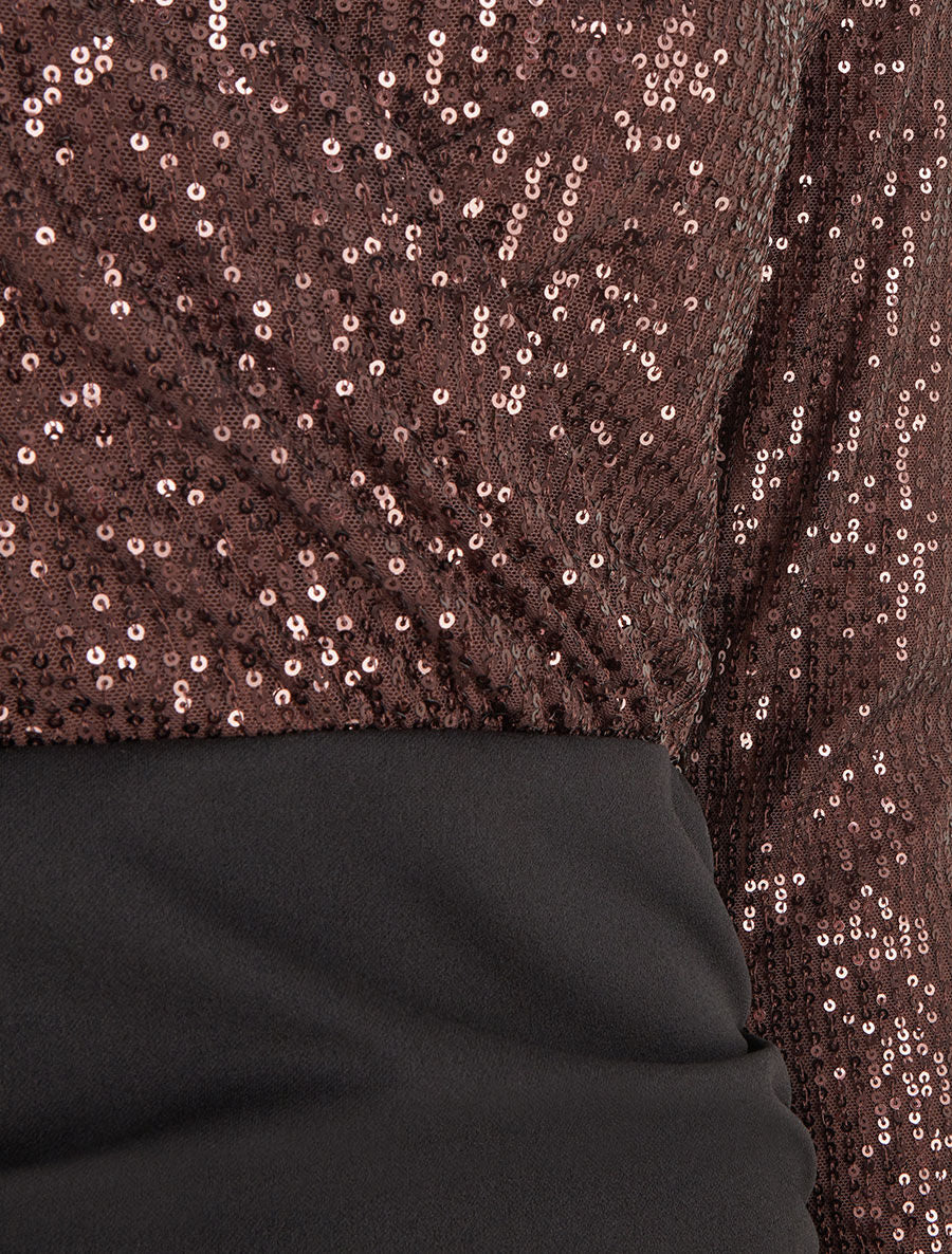 Robe bi-matière à buste orné de sequins - Marron - 3