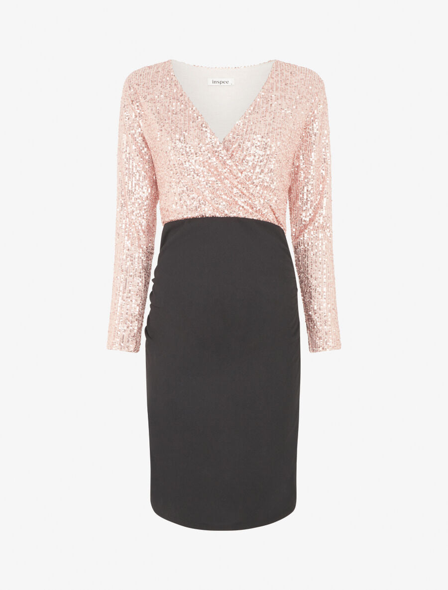 Robe bi-matière à buste orné de sequins - Rose gold - 1