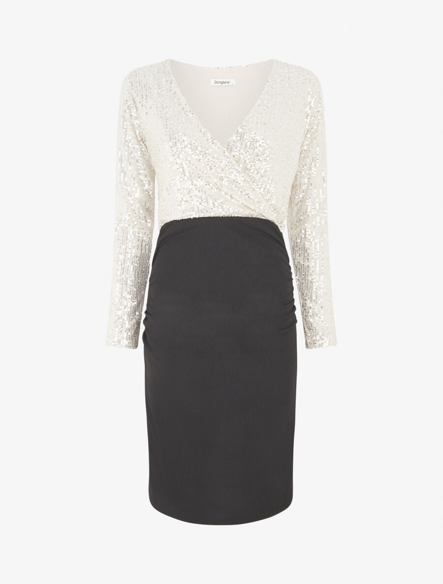 Robe bi-matière à buste orné de sequins - Beige - 1