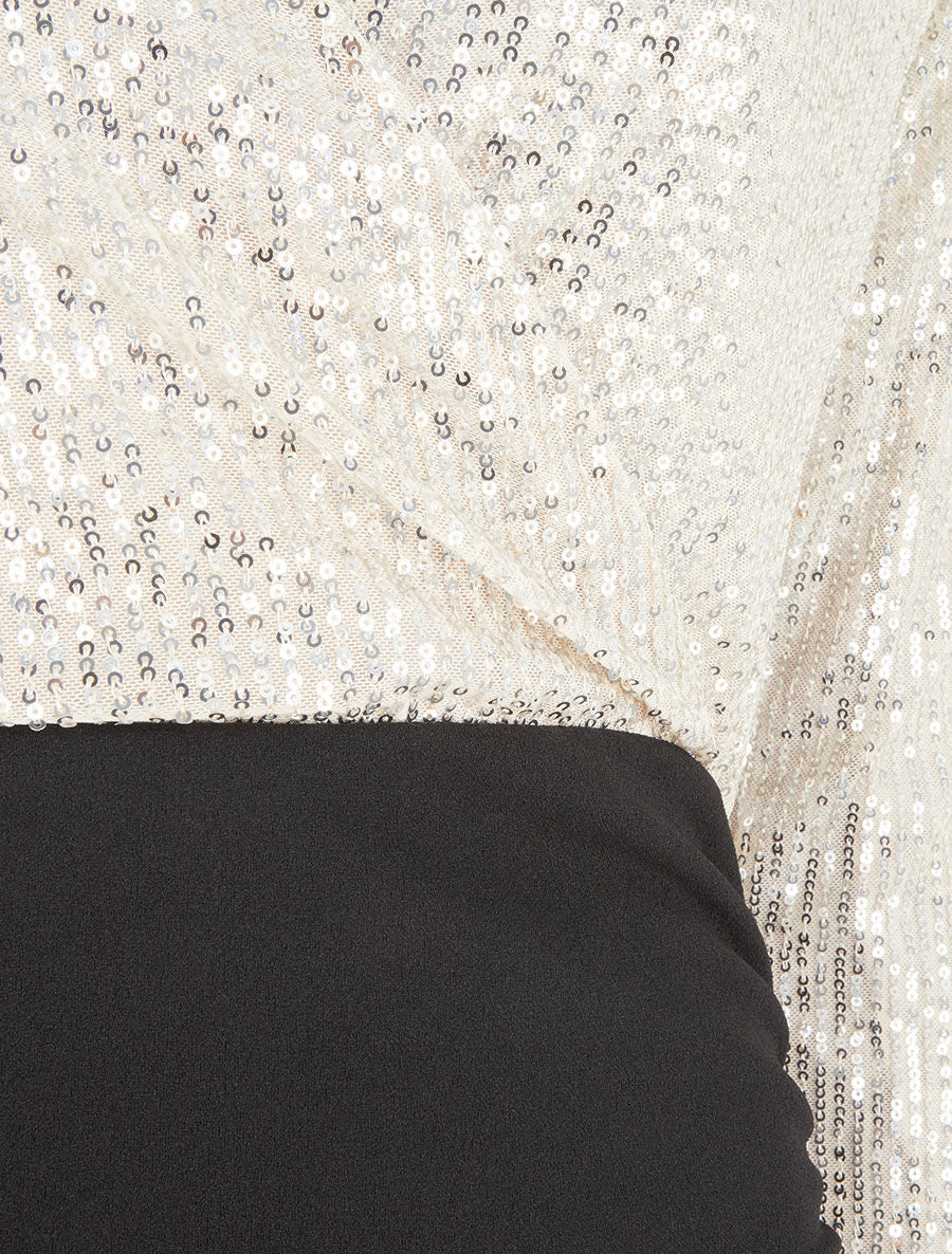 Robe bi-matière à buste orné de sequins - Beige - 3