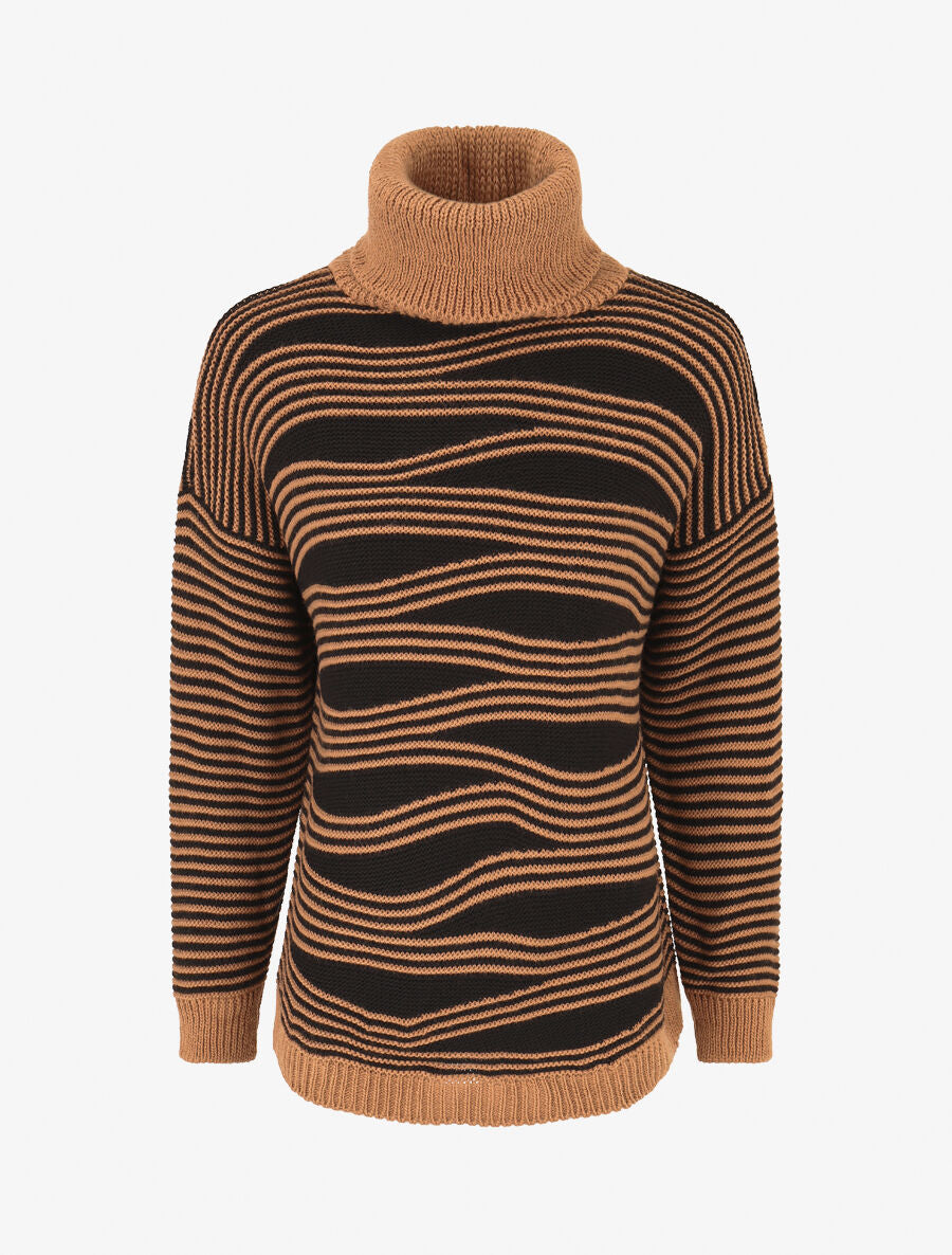 Pull col roulé à imprimé graphique - Camel - 5