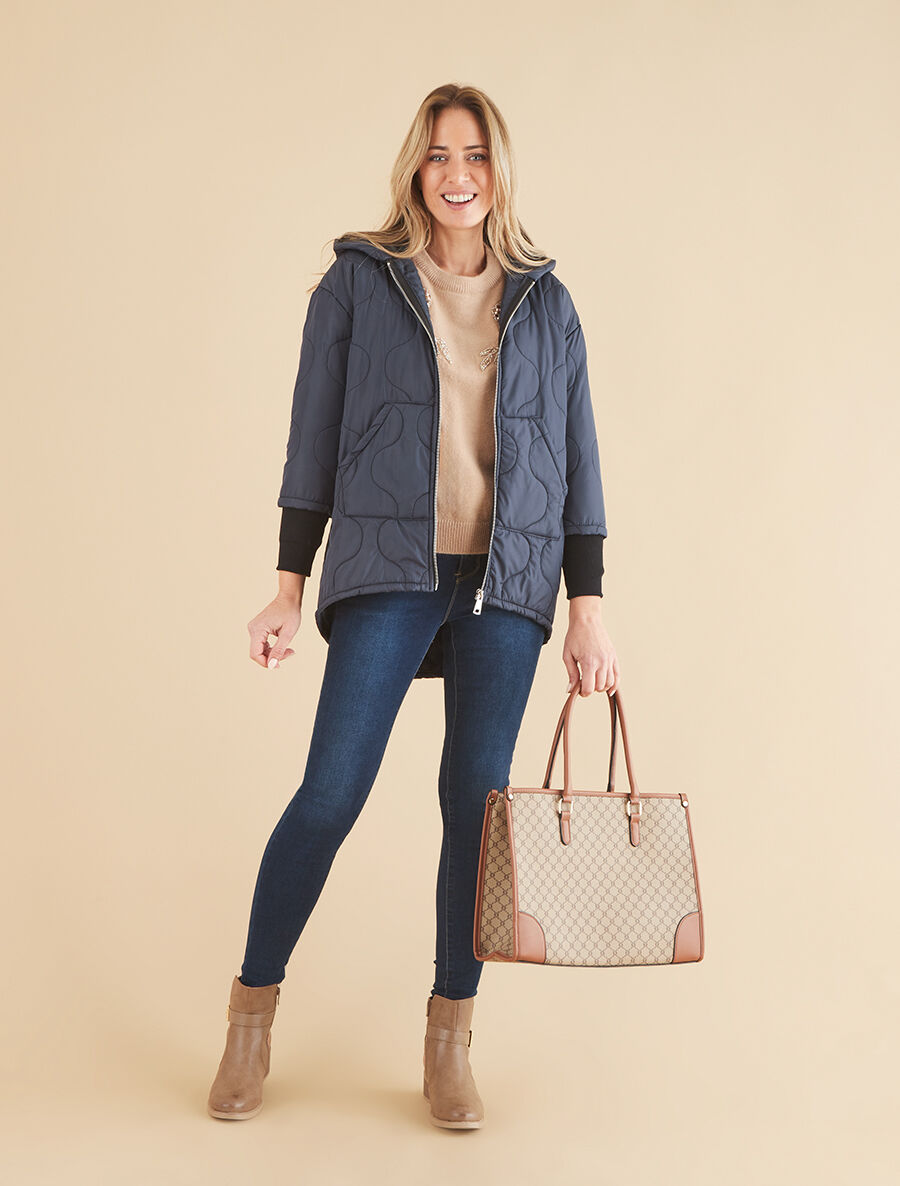 Manteau matelassé asymétrique à capuche - Marine - 4