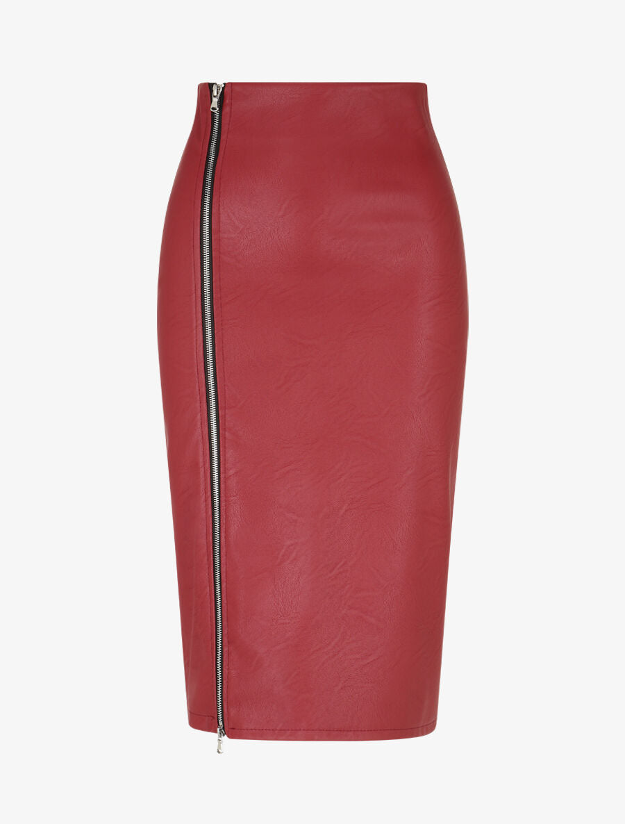 Jupe mi-longue zippée en simili - Bordeaux - 1