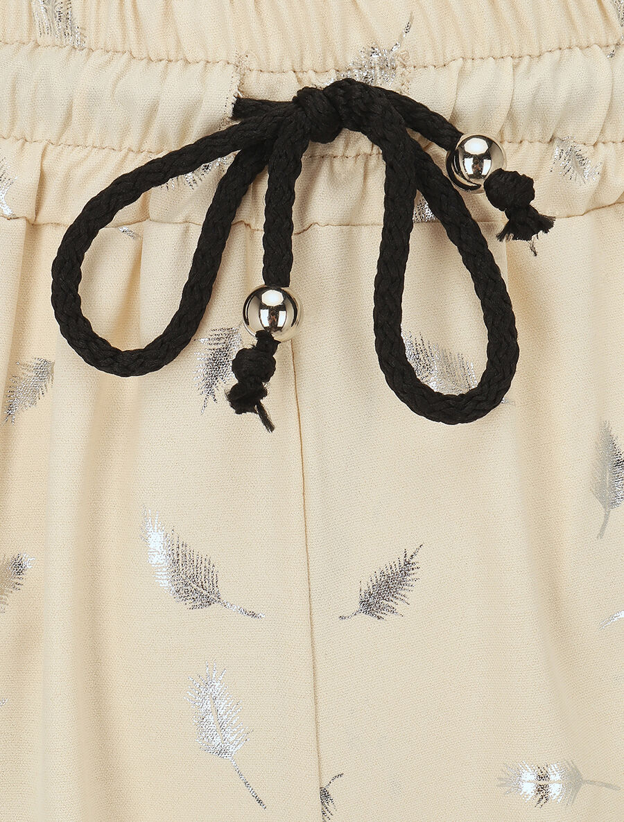 Pantalon élastiqué imprimé plumes irisées - Beige - 3